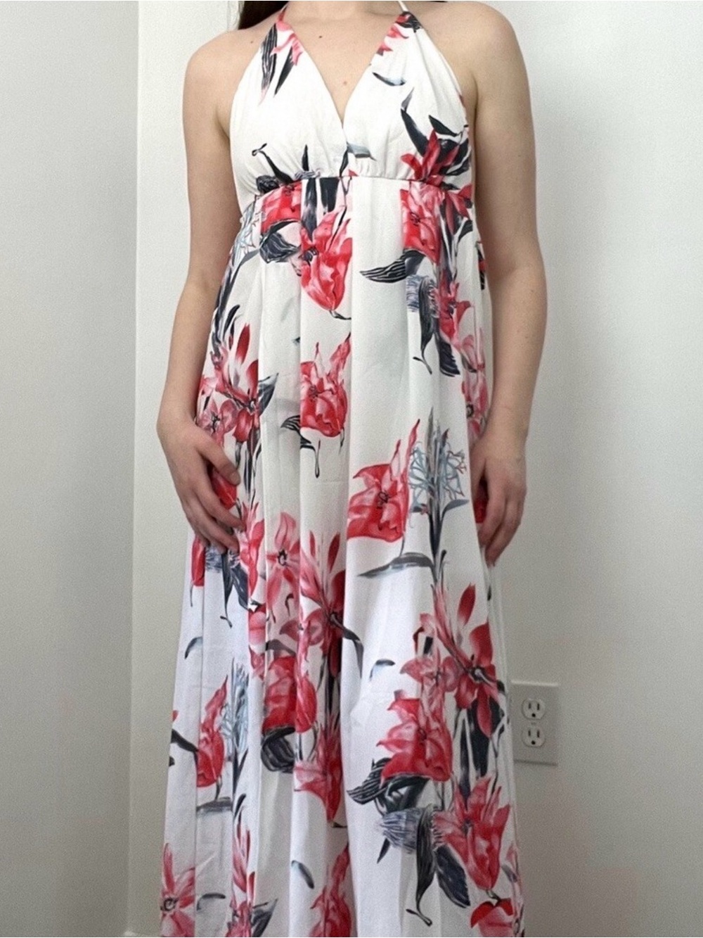 Simply Be White Halter Maxi Dress with Pink and Coral Floral Print